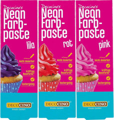Decocino Neon Food Paste Set - 3 bucăți, colorant alimentar cu doză mare, pentru colorarea prăjiturilor, tartelor, brioșelor, cupcakes, neutru la gust Naty Shop Rosu, Roz, Lila