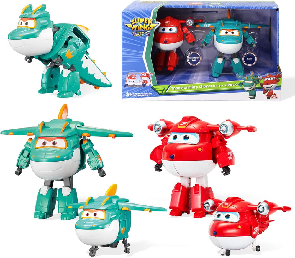 Super Wings 5"-es átalakuló karakterek 2-csomagos átalakító, feltöltött Jett + Tino transzformátor játék fiúknak és lányoknak 3 éves kortól Piros akciófigurák Naty Shop Jett Tino