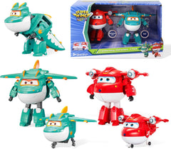 Super Wings 5"-es átalakuló karakterek 2-csomagos átalakító, feltöltött Jett + Tino transzformátor játék fiúknak és lányoknak 3 éves kortól Piros akciófigurák Naty Shop Jett Tino