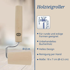 Dr. Oetker Teigroller aus Holz – Teigrolle aus kiváló minőségű Buchenholz – Perfekt für round und eckige Formen – kb. 18 x 7 cm, Rolle Durchmesser kb. 4,5 cm