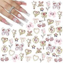 24 Stück Nagel-Charms, Y2K-Legierung, Nail Art, Strass-Charms, 3D-Herz, Stern, Schleife Mit Strasssteinen, Kirsch-Nagel-Edelsteine, Glänzender Schmuck, Nageldekorationen, Zubehör