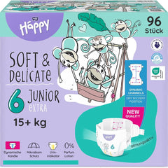 Bella Baby Happy Premium pelenkák, 6-os méret, Junior Extra, 15+ kg, 96 db, DERMATEST és OEKO-TEX Seal, Eldobható babapelenkák