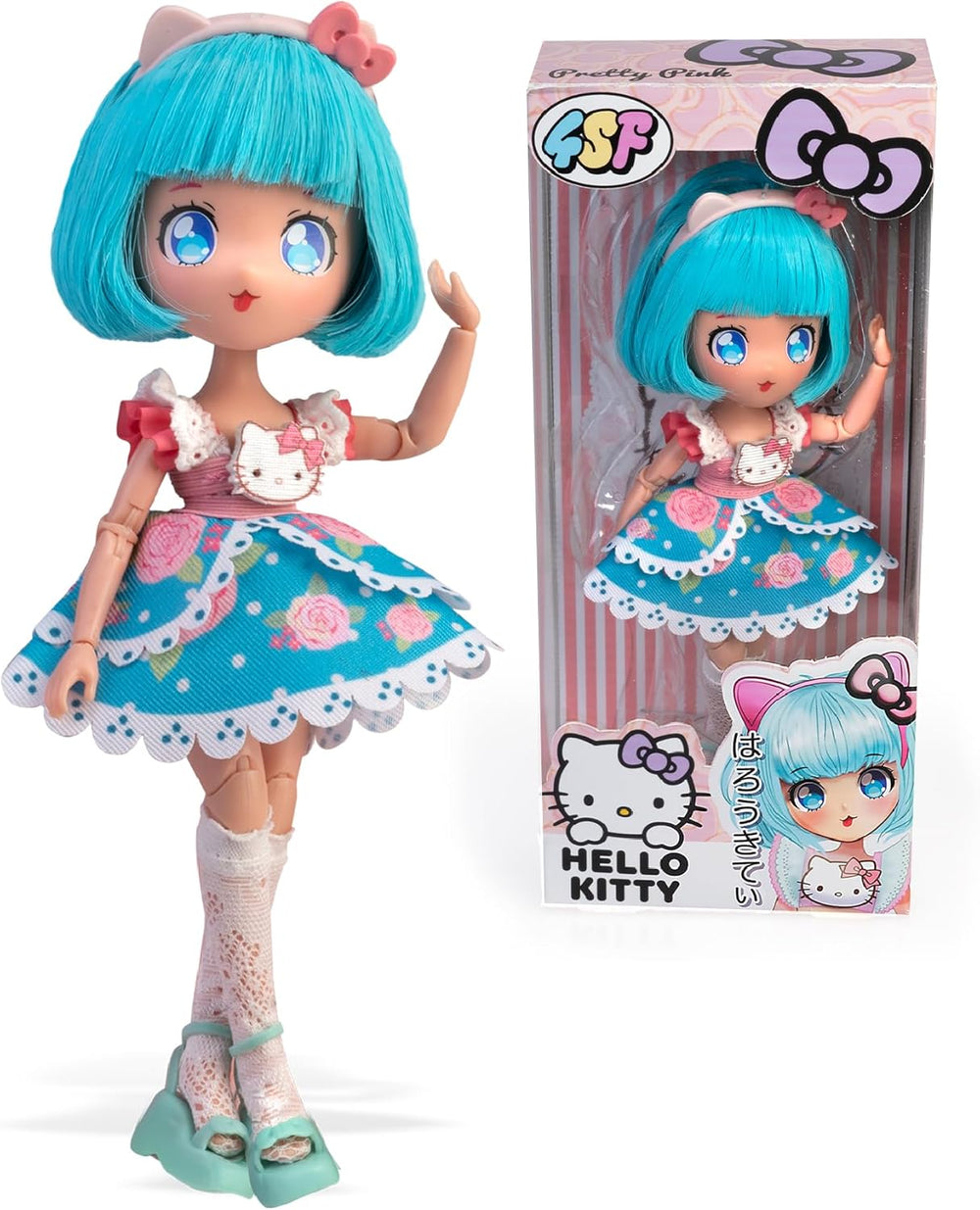 Manga Doll Pretty Pink, japanische Modepuppe mit modischen Designs, Manga, 19,5 cm Figur mit 15 Gelenkpunkten, blaues Haar, inklusive Zubehör, berühmt (HKTF0300)