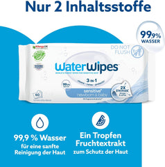 WaterWipes Sensitive+ nedves törlőkendő újszülötteknek és csecsemőknek, 540 db (9 csomag), 3 az 1-ben tisztítás, ápolás, védelem, 99,9% víz, illatmentes