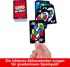 Mattel UNO Show 'em No Mercy – 56 extra kártya, kihívást jelentő akciókártyák és brutális játékszabályok a legkegyetlenebb verzióhoz, halmozási szabály és kézcsere, 7 év feletti korosztály, HWV18