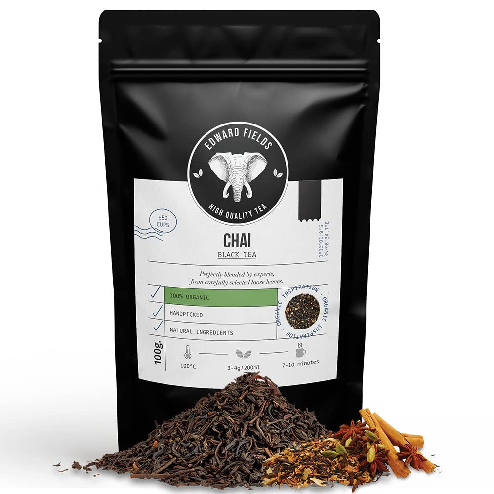 Edward Fields Tea ® - Ceai negru chai organic vrac. Ceai negru chai latte organic cules manual cu ingrediente și arome naturale și organice, 100 g, India. (Chai negru)