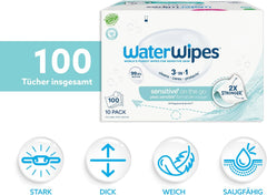 WaterWipes Sensitive+ On The Go nedves törlőkendők, 100 törlőkendő (10 csomag), 3 az 1-ben tisztít, ápol, véd, 99,9% víz, illatmentes törlőkendő