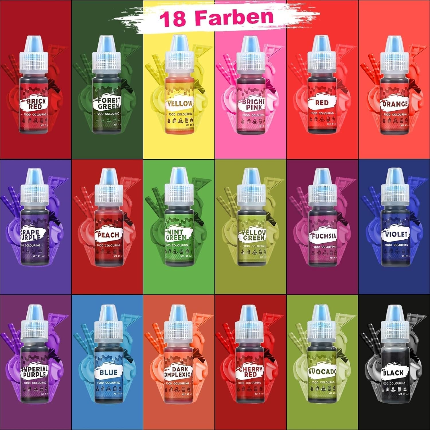 Colorant alimentar 18 culori x 6ml, colorant alimentar lichid pentru copt prăjituri, fursecuri, macaroane, băuturi, colorant alimentar foarte concentrat pentru ouă de Paște, slime DIY, obiecte de colorat artizanale