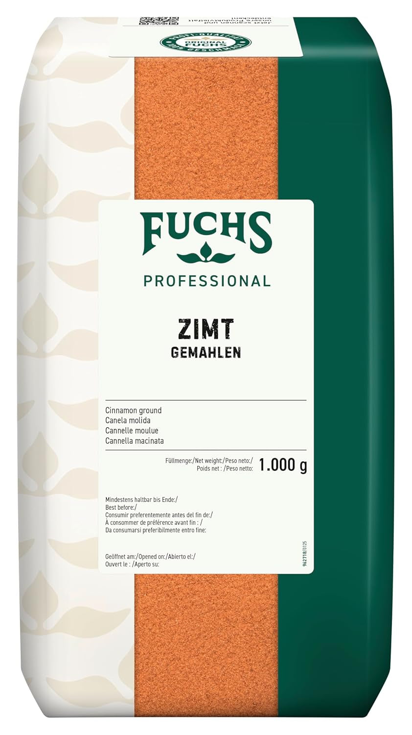 Fuchs Professional - Zimt gemahlen | Zum Würzen von süßen und würzigen Gerichten | Profi-Qualität für Großverbraucher und Gastronomie | 1 kg-os újrahasznosítható zacskó