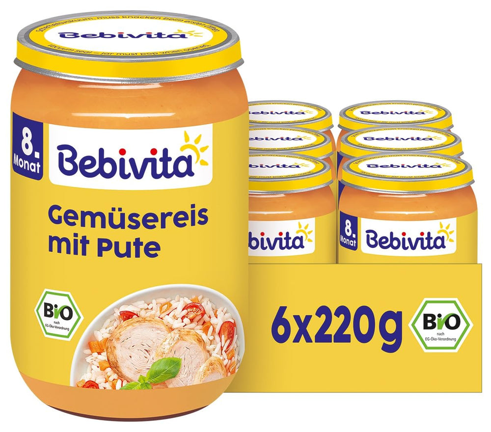 Étkezés 8 hónapos kortól: rizs zöldségekkel és puha pulyka, 220g, 6 db-os kiszerelés (6x220g)