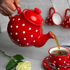 City to Cottage® - Set mare de ceai | Roșu și alb | Buline | Lucrat manual | Ceainic ceramic 1,7 litri, ulcior de lapte, zaharniță