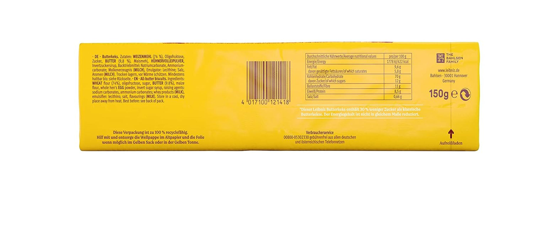 Biscuite cu unt - 30% zahăr, 150 g, biscuiți cu unt cu conținut redus de zahăr, biscuiți crocanți autentici cu 52 de dinți (1 x 150 g) (pachet de 4)