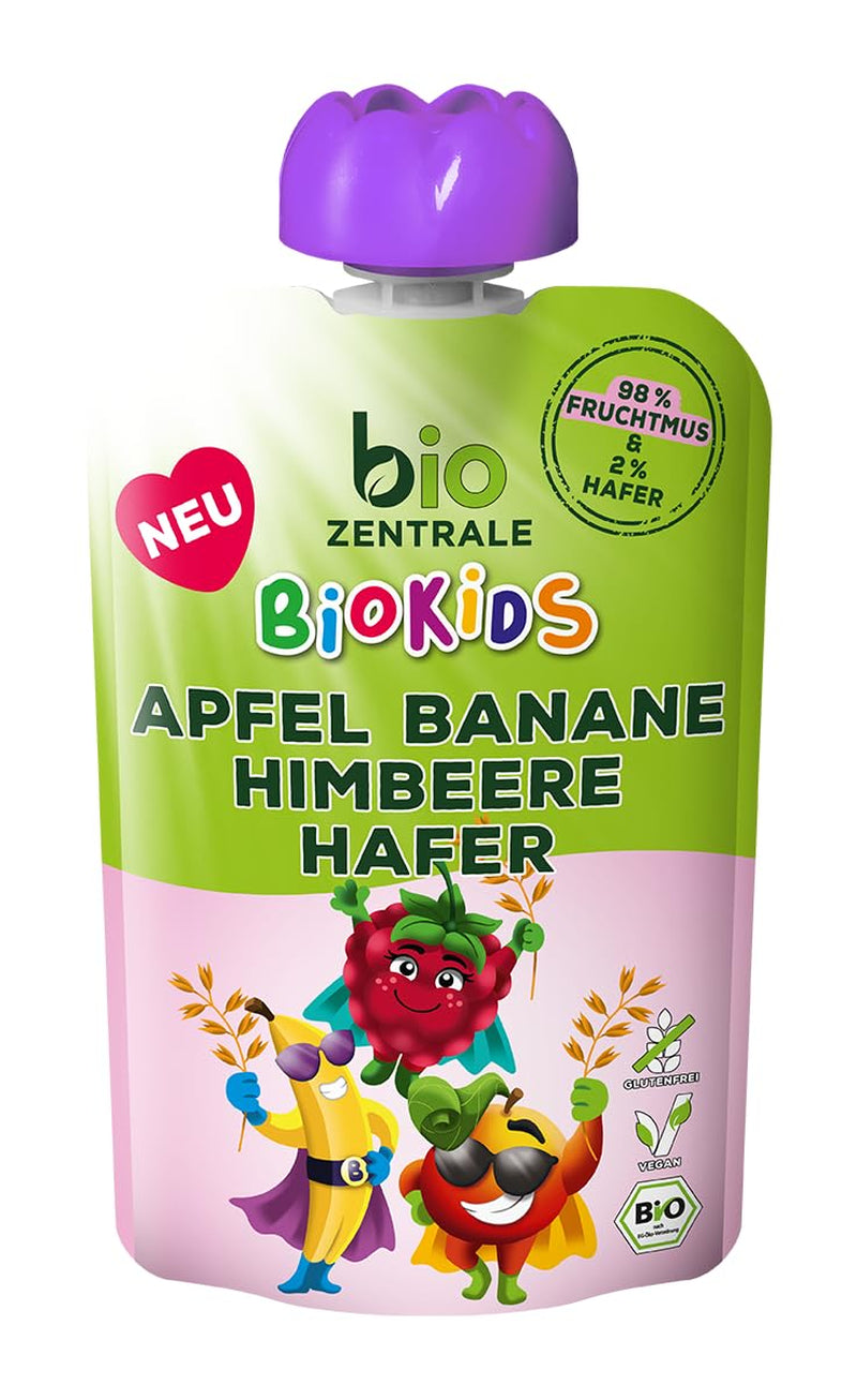 biocentral BioKids Gyümölcspüré Alma Banán Málna Zab | 12 x 90g | Gyümölcsös snack hozzáadott cukor nélkül | Vegán