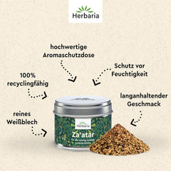 Herbaria Za'atar bio 25g S-Dose – Zaatar Gewürz, Zaatar Gewürz - keleti Organic-Gewürmischung für Gerichte der Levante Küche - mit erlesenen Ingredient - in nachhaltiger Aromaschutz-Dose