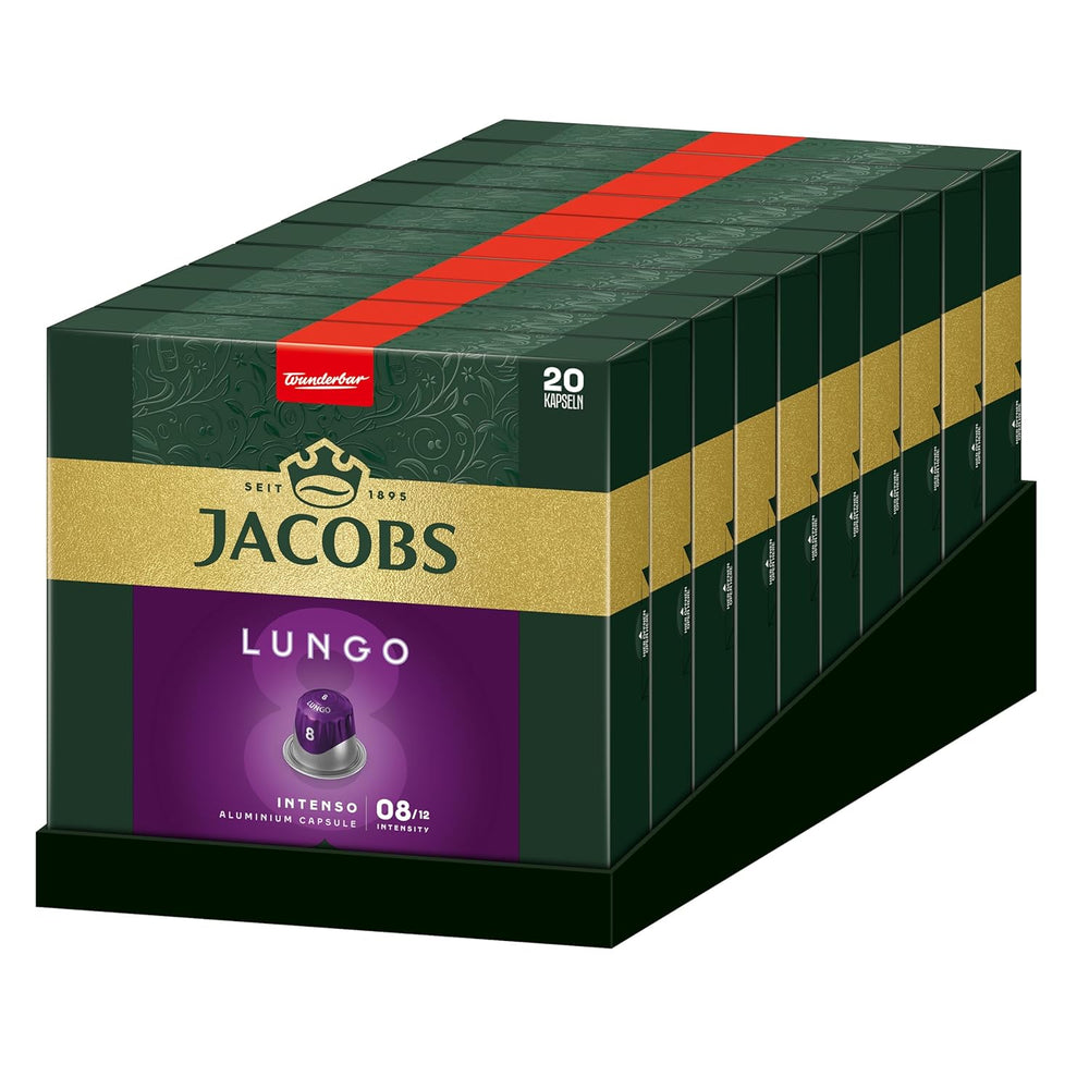 Jacobs Kaffeekapseln Lungo Intenso, Intensität 8/12, 10 x 20 Getränke, Nespresso* kompatible Kaffee Kapseln, 200 Kapseln