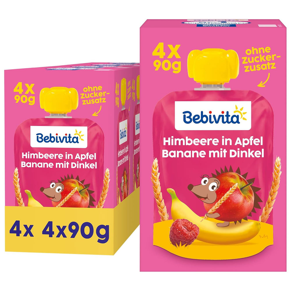 Gyümölcs, málna, alma, banán és tönköly préselhető tasakok - 16 darab (4, 4 x 90 g-os csomag), hozzáadott cukor nélkül, lágy gyümölcsből és egészséges gabonákból készült, ideális elvitelre és saját fogyasztásra