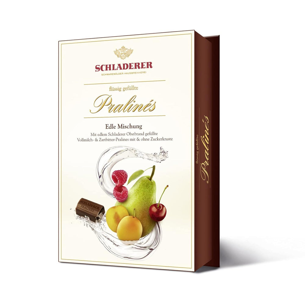 RCP Schladerer Praliné, finom választék, tej- és étcsokoládé, cukorhéjjal és anélkül, folyékony töltelék, alkoholt tartalmaz, remek ajándék, 255g