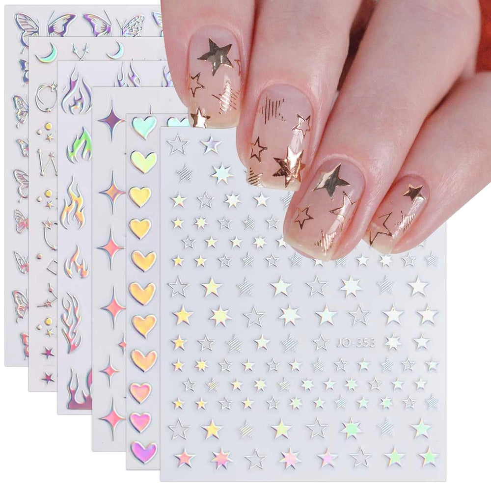 JMEOWIO Nagelsticker Aurora Holografisch 9 Blatt Nagelaufkleber Selbstklebend Herz-Flamme Spielt Schmetterlings-Mond Die Hauptrolle Nail Art Sticker Dekoration Nageldesign Zubehör