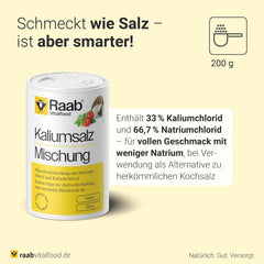 Raab Vitalfood Kalium salt-Mischung, Mineralsalzmischung mit 66,7% Natriumchlorid (Kochsalz) és 33% Kaliumchlorid, Kalium trägt zur Aufrechterhaltung eines normalen Blutdruck bei (1 x 200 g adag)