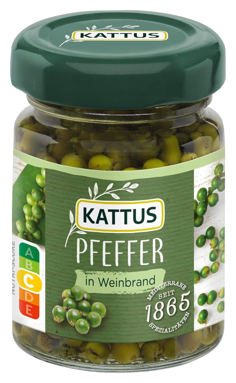 - Grüner Pfeffer Weinbrandban | Ganzer, eingelegter Pfeffer zum Würzen von Saucen | 50 g üvegben