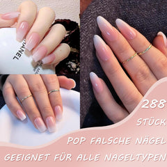 Set 288 bucăți unghii false Ombre Press-on - Kit unghii false artificiale Almond Square Medium Coffin - 3 stiluri gradient cu lipici pentru unghii acrilice pentru femei (Set gradient, 288 bucăți)