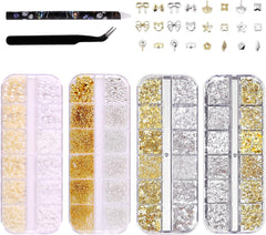 Set de 4 cutii pentru brelocuri pentru unghii - 48 de tipuri de brelocuri 3D aurii și argintii pentru unghii (fluturi, flori, perle etc.) + pensetă și stilou - pentru unghii cu gel și acrilice DIY | Ideal pentru salon de unghii și acasă