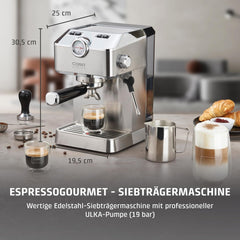 Caso Espresso Gourmet - Espressor portafiltru din oțel inoxidabil, pompă Ulka puternică de 19 bari, cu spumator de lapte, pentru cafea măcinată sau capsule de cafea ESE, pentru 2 cești, cu încălzitor de cești
