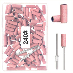 BLESWIN 100 bucăți benzi de șlefuit mici pentru burghie de unghii, granulație fină 240 cu 2 bucăți burghiu de 3 mm, mini benzi de șlefuit pentru lustruirea unghiilor naturale și curățarea cuticulelor pentru pregătire, roz