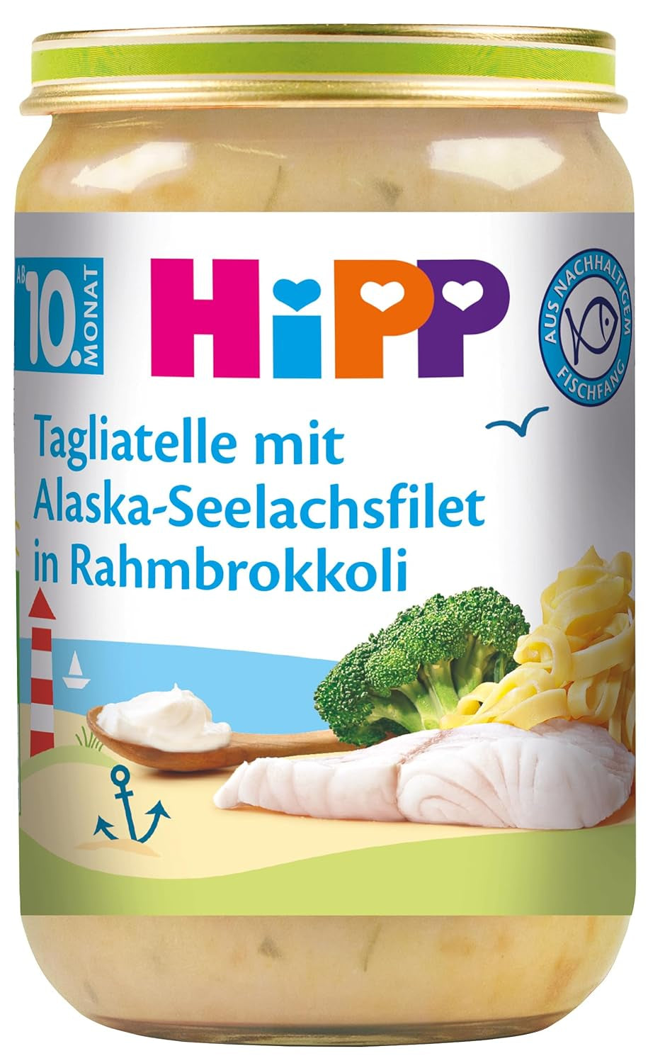 Tagliatelle HiPP Alaska Pollock filével krémes brokkoliban (6 x 220g), menü babáknak 10 hónapos kortól, hozzáadott só nélkül, Omega-3-mal, finom darabokkal - rágni tanulni