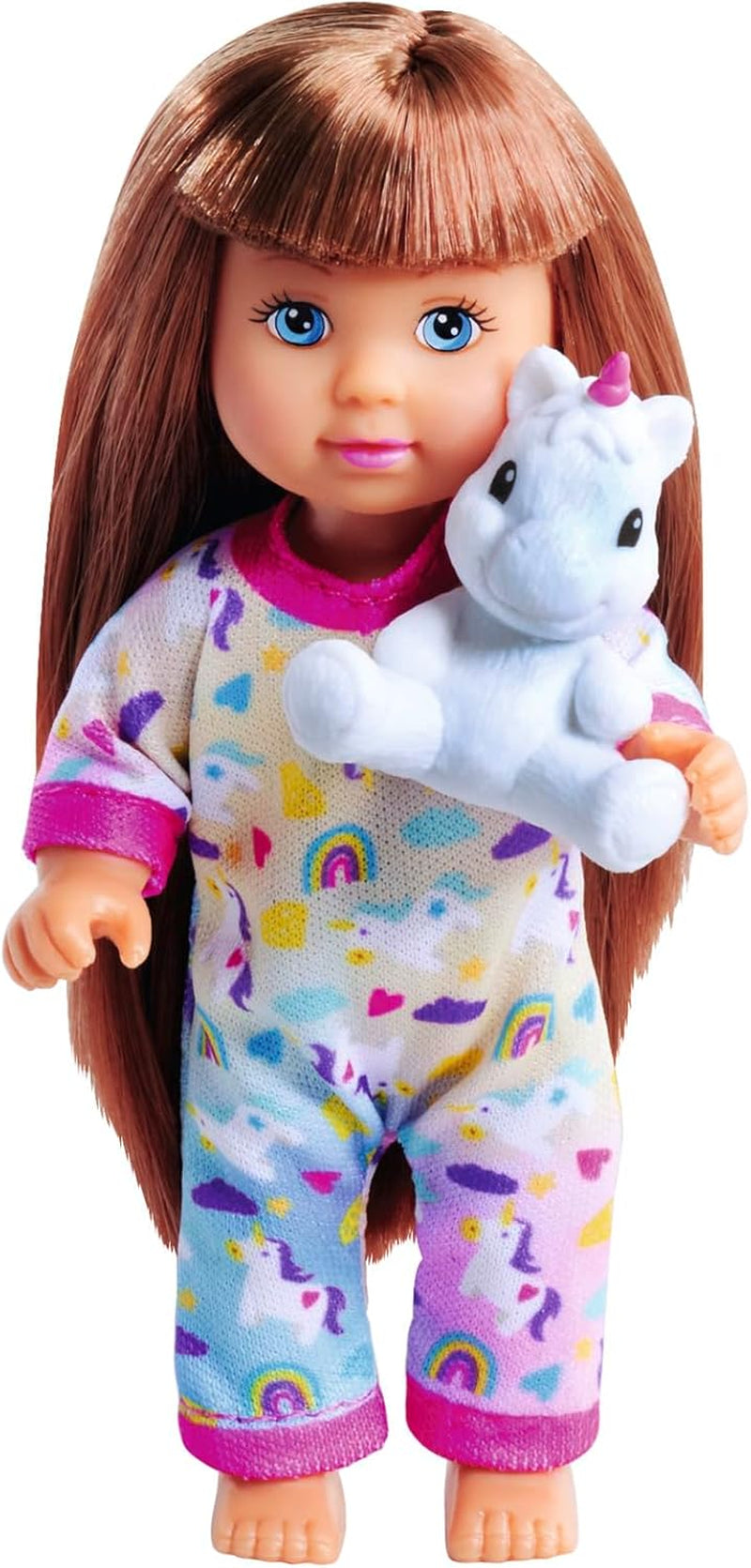 Simba Evi Love Pijama, 3-Fach Sortiert, es Wird nur EIN Artikel gelifert, Puppe in einem süßen Pijama mit Einhornkuscheltier, 12cm Spielpuppe, ab 3 Years