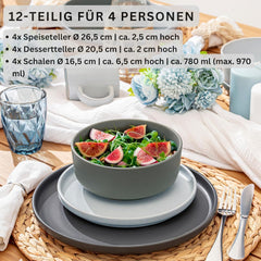 SÄNGER Leeds | Set de veselă din gresie, format din 12 piese, set de farfurii pentru 4 persoane, set de farfurii pentru cină (4 farfurii de cină, 4 farfurii de desert, 4 boluri), veselă colorată, rezistentă la zgârieturi | COLECȚIA VALUE