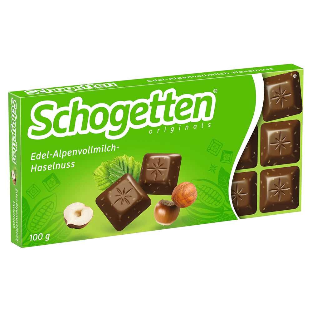Schogetten Premium alpesi tejcsokoládé mogyoróval, 100 g-os csokoládé, egyenként adagolva. Öröm. Darabról darabra.