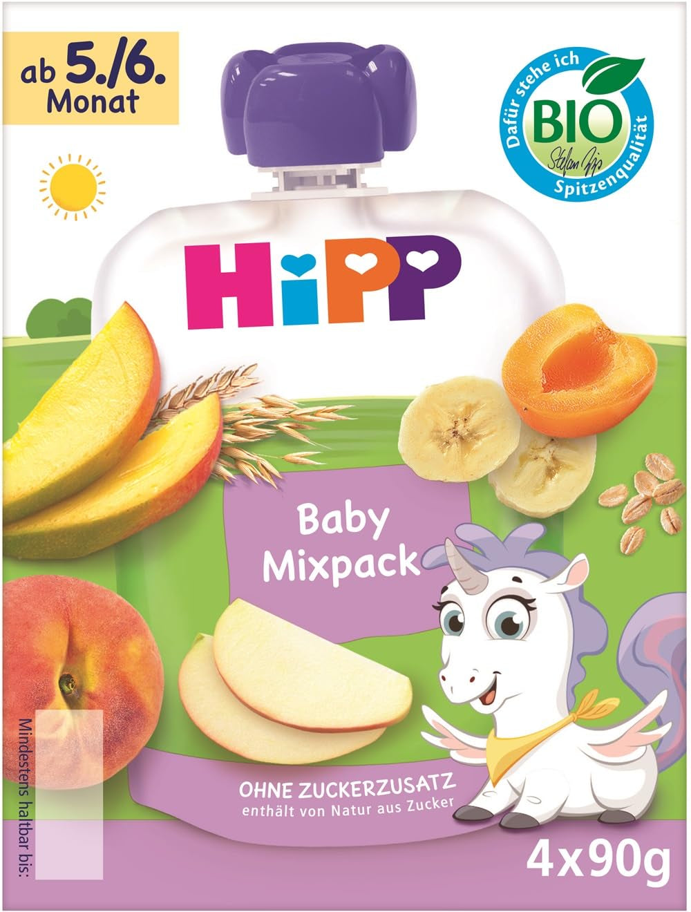 HiPP bio kinyomható tasakok, vegyes csomag, 16 darab (4 db 4x90 g-os csomag), 5/6 hónapos babáknak, négy ízletes, hozzáadott cukor nélkül, legjobb bio minőség