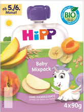 Pliculețe comprimabile organice HiPP, pachet mixt, 16 bucăți (4 pachete a câte 4 x 90 g fiecare), pentru bebeluși de la 5/6 luni, patru arome delicioase, fără zahăr adăugat, de cea mai bună calitate organică