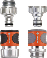 Gardena 39042-M Set de pornire cu cuplaj rapid metalic pentru furtunuri de grădină, cuplaje rapide și accesorii în câteva secunde, 4 piese, inclusiv adaptoare anti-scurgere pentru ștecher și priză