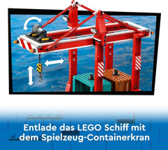 LEGO City kikötő teherhajóval, építőjátékkal fiúknak és lányoknak 8 éves kortól, ajándékötlet gyerekeknek, konténerdaru, játékhajó és 8 minifigura 60422 Építőkészlet Besuche den LEGO-Store