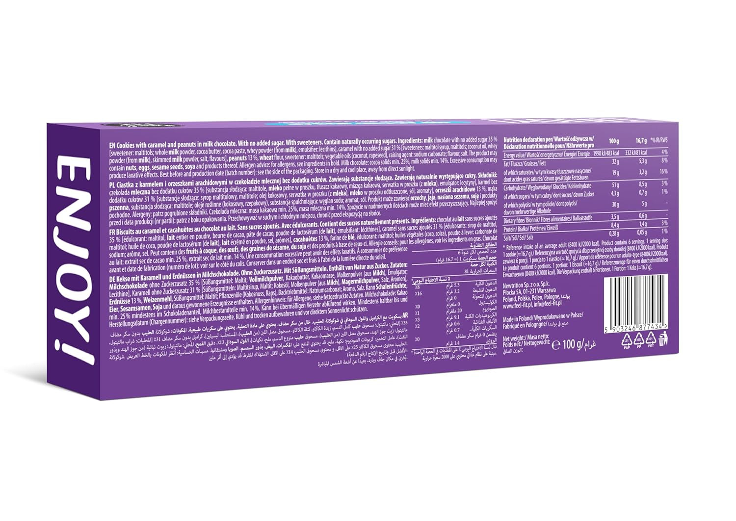 Simte-te în formă, savurează! Fursecuri cu arahide și caramel cu cremă de caramel și arahide în ciocolată cu lapte, fără zahăr adăugat și fără ulei de palmier, 100 g