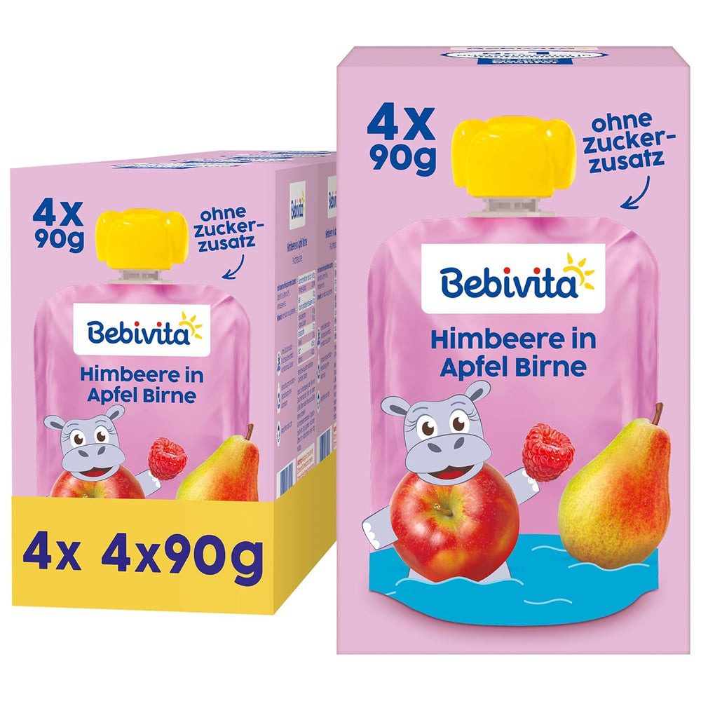 Himbeere in Apfel Birne Quetschie – 16 Stück (4er Pack, je 4 x 90g), ohne Zuckerzusatz, glutenfrei, ideális für unterwegs und selbständiges Snacken