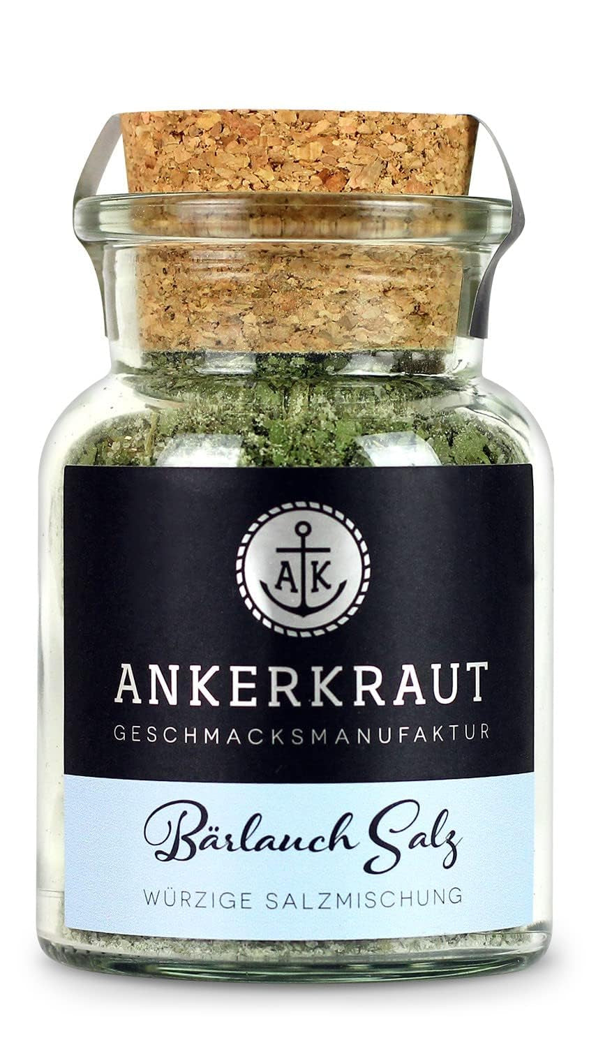Ankerkraut Bärlauch Salz, Lecker Fleisch und Salat Verfeinern, Knoblauch-szerű Gesmack Aroma, Kräuter mit Gewürz zum Kochen, 110 g im Corkenglas