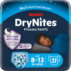 Huggies DryNites szuper nedvszívó éjszakai nedvesítő pelenkák fiúknak 8-13 éves korig (30-48 kg) 27 Count (3 x 9 Count) bugyi pelenkák