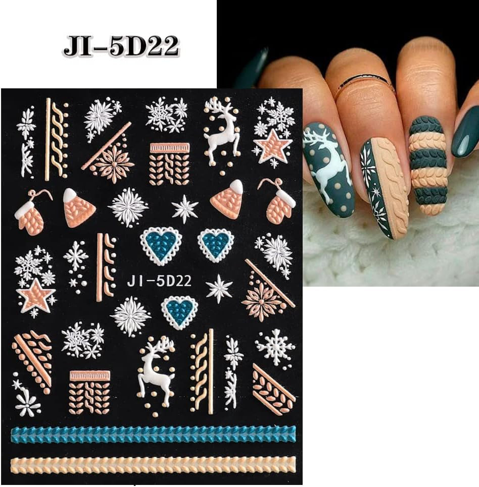 5 Blatt 3D Nagelsticker Weihnachten Nagelaufkleber 5D Stereoskopisch Selbstklebend Schneeflocke-Weihnachtswinterurlaub Nail Art Sticker Dekoration Nageldesign Zubehör