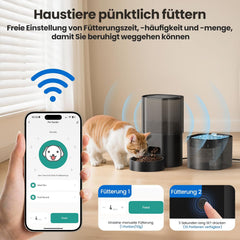 3L Automatischer Katzenfutterspender 2,5L Katzenbrunnen-Set, geräuscharmes App-steuertees Fernfütterungsgerät mit 10 Mahlzeiten per Tag, Anti-Verstopfungs-Design, ideális a Katzen & Welpen számára