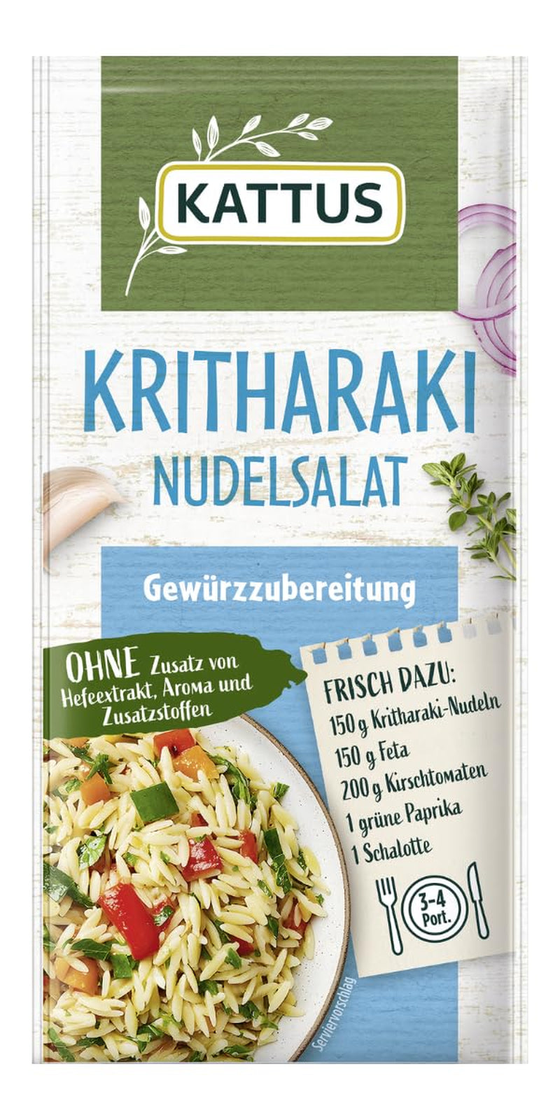 - Kritharaki-Nudelsalat Gewürzzubereitung | Fűszerezés 3-4 adaghoz | Ohne Zusatz von Fefeextrakt, Aroma und Zusatzstoffen | 12 g zacskóban
