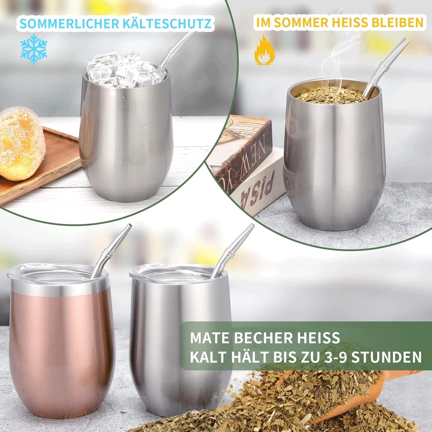 Cana modernă pentru mate 340 ml, set de căni pentru yerba mate din oțel inoxidabil cu pereți dubli izolați, cană pentru ceai mate cu capac fără BPA, bombillas și o perie de curățare (argintiu)