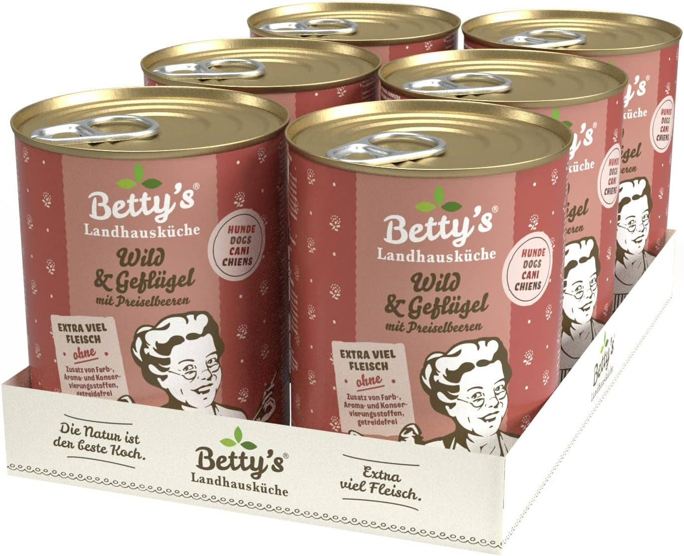 Betty'S Landhausküche cutie de hrană umedă pentru pisici, Fără cereale, Cea mai bună calitate, Carne de înaltă calitate, Gently cooked, Potrivit pentru toate rasele de pisici, Pui și fazan cu ulei de borangic 6 X 200 G