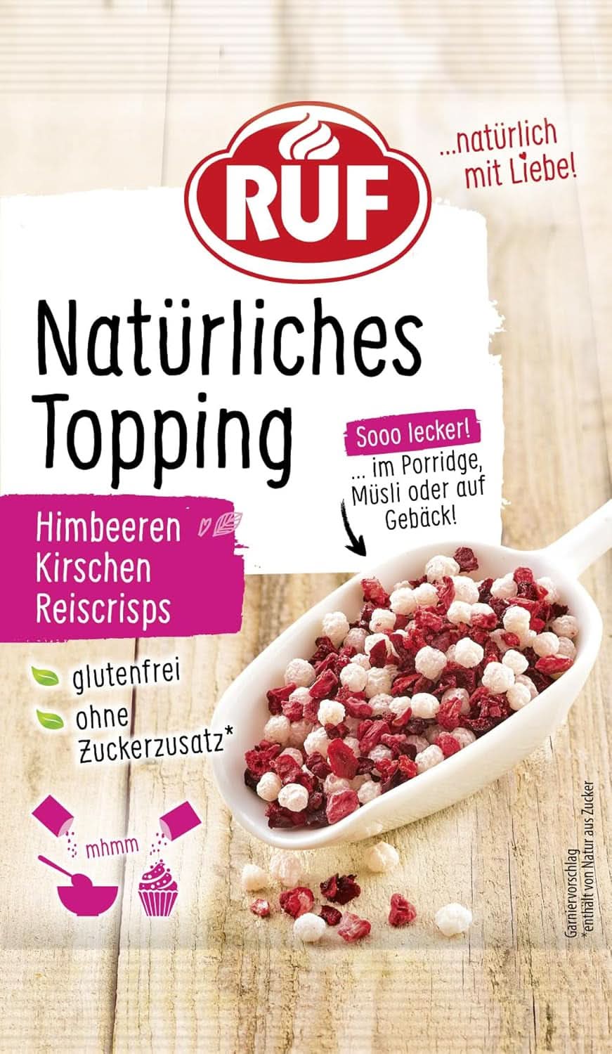 RUF rizschips, mesterséges adalékanyagok nélkül, gyümölcskeverék zabkásához és péksüteményekhez, gluténmentes, vegán, 15 grammos szórással Naty Shop 15 gramm rizs, cseresznye, málna