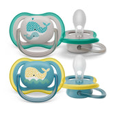 Suzetă Philips Avent Ultra Air - set de 2 suzete, fără BPA, respirabile, pentru bebeluși de la 18 luni, inclusiv cutie de transport și sterilizare, Whale/Whale (Model SCF349/24)