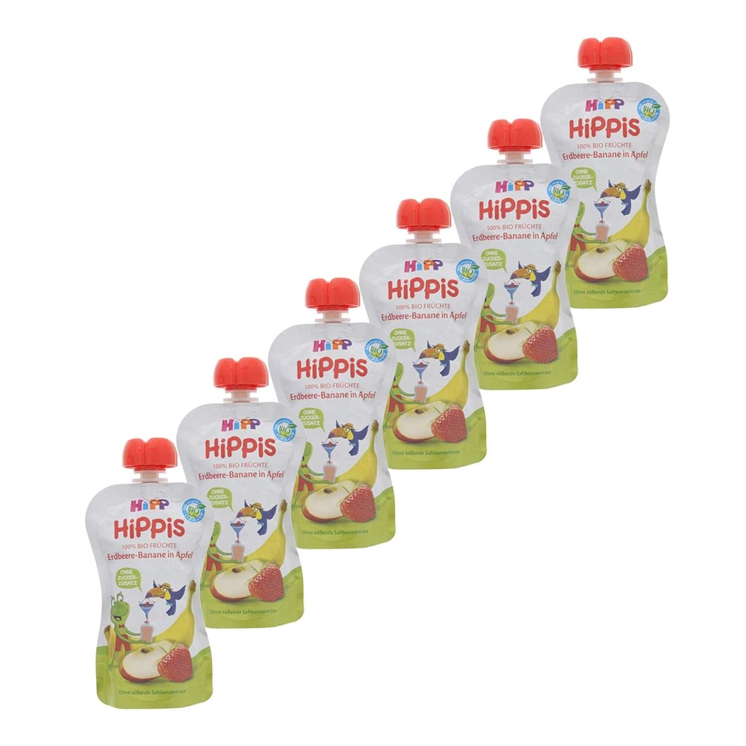 Pungi de stoarcere Hipp Super-Hippis, acerola de rodie in mere-zmeura, fructe 100% bio fara zahar adaugat, 6 pungi de 100 g Mama si Copilul Naty Shop 6 x 100 grame Căpșuni Banane Măr