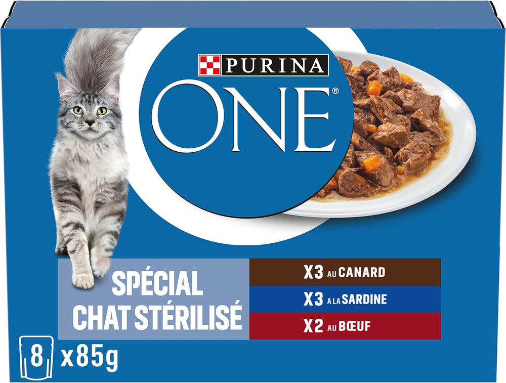 PURINA ONE | BIFENSIS | Hrană pentru pisici adulte sterilizate | Susține vitalitatea pisicii, oaselor, mușchilor și articulațiilor | În sos | Pliculețe cu rață, sardine, vită, prospețime | 1 bucată (8 x 85g)