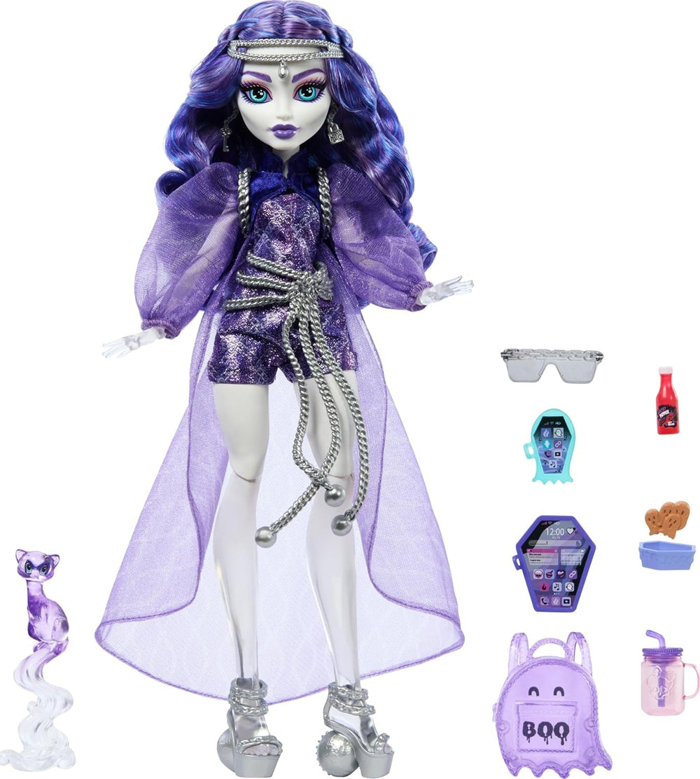 Monster High Spectra Vondergeist baba Rhuen Ferrettel és olyan kiegészítőkkel, mint a hátizsák, táblagép, rágcsálnivalók és egyebek, a HXH77 Naty Shop Dolls alapértelmezett címe